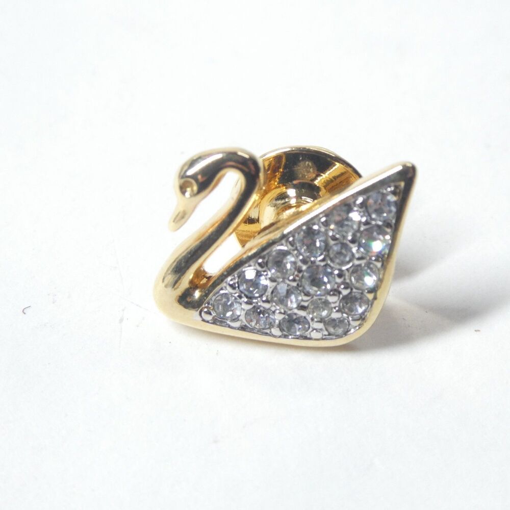 Swarovski Swan Logo Rhinestone Lapel Pin Goldtone Vintage